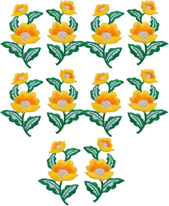 5 Pairs Floral Iron on Applique Flower with Green Vine Embroidered Patch for Collar Dress Accent Shoes Jeans Sewing Accessories Embellishment (Yellow) by MSCFTFB