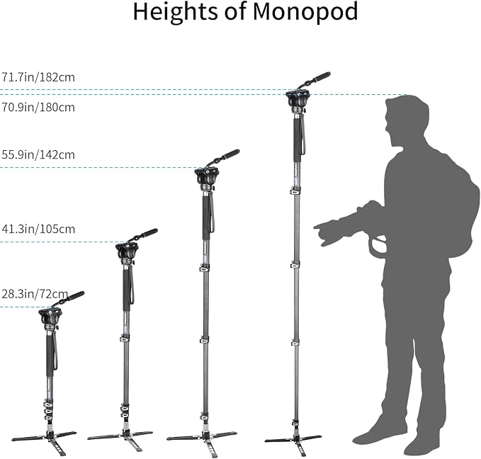 Carbon Fiber Video Monopod Kit-VM70CK Professional Hydraulic Fluid Head Monopod Removeable Multifunctional Travel Tripod Stand for Gopro DSLR Camera Telescopic Camcorders, Max Load 13 pounds/6 kg - Image 5