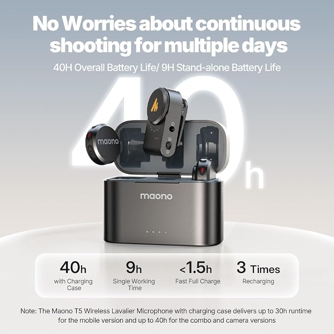 MAONO T5 Wireless Lavalier Microphone for Camera (2 TX+1 RX+Charing Case) | Magnetic Lapel Mini Mic with 48khz/24bit Audio, AI Noise Reduction,1000ft, 40H, Gain Knob for Video Recording Content Creator - Image 4