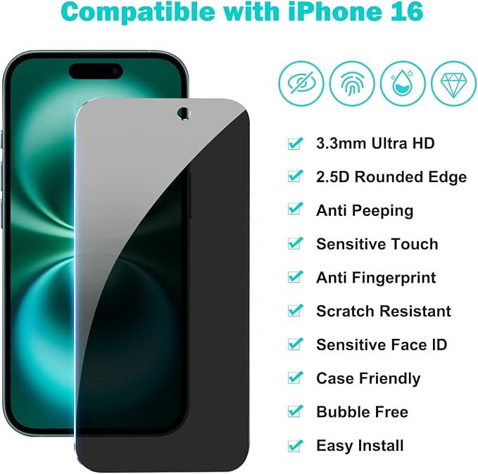 PEHAEL for iPhone 16 Privacy Screen Protector+Camera Lens Protector | 3+3 Pack, Installation Frame, Cleaning kits, Anti-Spy Private, Anti-Scratch, 9H Tempered Glass, Case Friendly, [6.1 inch] - Image 2