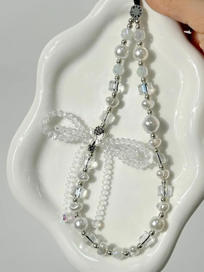 Cell Phone Charm Pearl Beaded Phone Wrist Strap Elegant Aesthetic Handmade Anti-Lost Pearl Chain Bracelet for iPhone Samsung All Smartphones Wristlet Gift for Women Girls Clear Crystal Double Bow Faux - Image 9