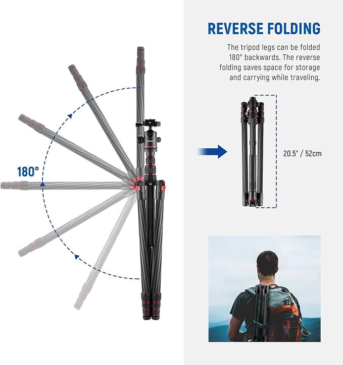 NEEWER N55CR Upgraded 80.7" Carbon Fiber Camera Tripod Monopod Travel Stand | With Telescopic 2 Section Center Axis, 360° Panorama Ballhead, 1/4" Arca Type QR Plate, ø28mm Column, Max Load 26.5lb - Image 7