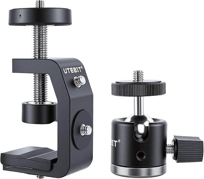 UTEBIT 40mm C-Clamp Camera Mount with Mini Ball Head, Black | 1/4 Thread Hole Metal Clamp with 360° Swivel Ballhead Camera Mount 1/4 Hot Shoe Adapter for Camera Desk Bicycle Woodworking by UTEBIT
