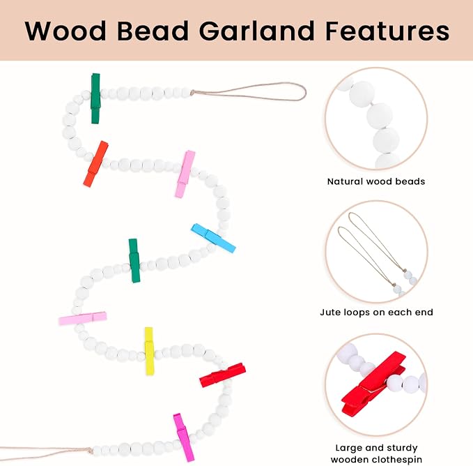 KLOGTSIND Hanging Photo Display, 3PCS Boho Wood Bead Garland Wall Decor | Photo Banner with 9 Wooden Clips for Bedroom, Living Room, Office, Dorm Decor, Pictures Postcards Holder Teen Girl Gifts - Image 5