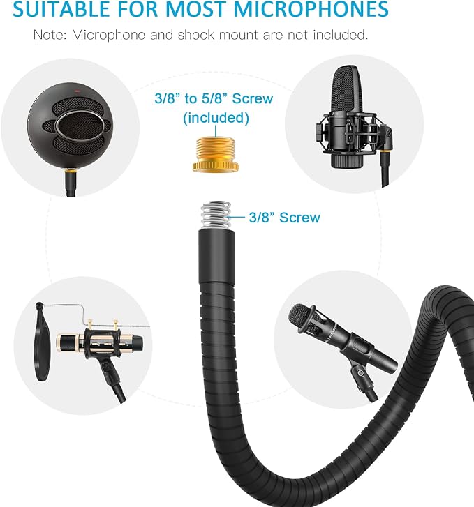 ZealSound Microphone Stand Gooseneck 19”, Flexible Clamp-On Desktop Mic Stand with 360° Adjustable Arm, 3/8" to 5/8" Adapter, Heavy-Duty Desk Mount, for Podcasting, Streaming, Podium & Public Speaking - Image 3
