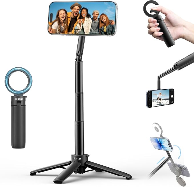 ULANZI MT71 Mini Magnetic Selfie Stick Tripod, Foldable & Lightweight, 180° Tilt, Compatible with iPhone 17-12 Series, with Adhesive Magnetic Ring for Desktop Shooting/Vlog/Selfie by ulanzi