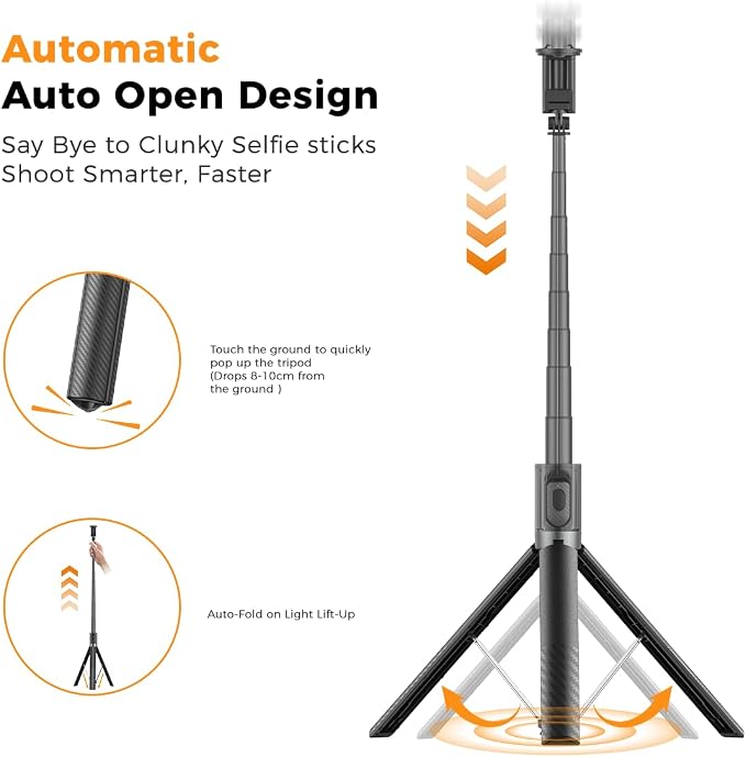 65" Automatic Phone Tripod,Auto-Open and Close Selfie Stick Tripod with Remote, Extendable Cell Phone Stand for iPhone & Android,Lightweight Selfie Stick for Creators,Vloggers,Travel,YouTube - Image 2