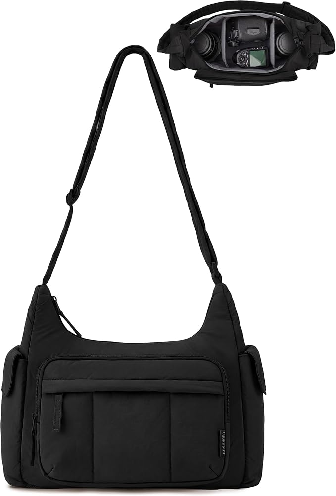 BAGSMART 2 in 1 Puffy Camera Bag for Photographer Everyday Shoulder Bag | Camera Sling Bag with Pockets Crossbody Bag Digital Camera Case for DSLR/Mirrorless Black by BAGSMART