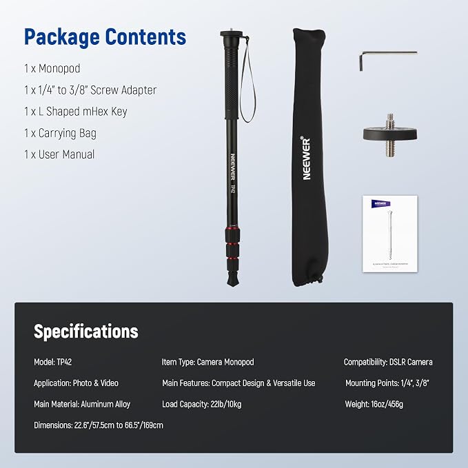 NEEWER 66.5" Camera Monopod Stand, Lightweight Travel Selfie Stick, TP42 | Aluminum, for DSLR Camcorder Photography & Video Recording, 1/4" & 3/8" Screw Adapter, Max Load 22lb - Image 8