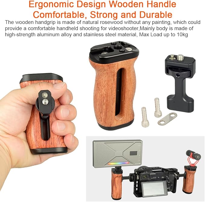 Wooden Camera Cage Side Handle Grip with 1/4" Screw Locating Mount for ARRI, Mini Side Handle for Smartphone Cage Video Rig and Action Camera Cage Compatible with Gopro/Insta360/DJI Osmo - Image 5