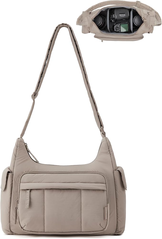 BAGSMART 2 in 1 Puffy Camera Bag for Photographer Everyday Shoulder Bag | Camera Sling Bag with Pockets Crossbody Bag Digital Camera Case for DSLR/Mirrorless Brown by BAGSMART