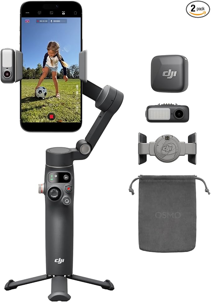 DJI Osmo Mobile 8 + Mic Mini Transmitter (Infinity Black) | Gimbal Stabilizer for phone, AI Native Tracking with Audio & Lighting, 360° Pan Rotation, Built-in Extension Rod & Tripod by Unknown