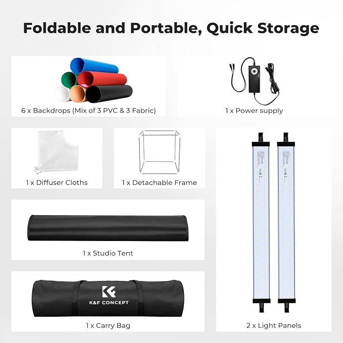 K&F CONCEPT Photo Studio Light Box 24"x24", CRI 97+ Photo Booth | Dimmable Portable Folding Shooting Tent with 2 5600K Light Panels & 6 Backdrops for Product Photography ZYRY06 - Image 7