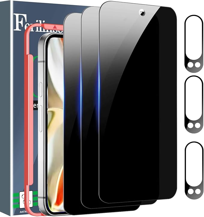 Ferilinso Privacy Screen Protector for Google Pixel 9 Pro, Tempered Glass | 3 Pack, 9H+ Hardness, Military-Grade Shatterproof, Case Friendly, Easy Installation Bubble Free, with Camera Lens Protectors by Ferilinso
