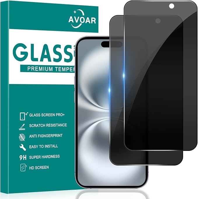 2 Pack Privacy Screen Protector for iPhone 16 Plus 6.7 Inch | Tempered Glass Film, Full Screen, Anti-Spy, Bubble Free, Case Friendly by AVOAR