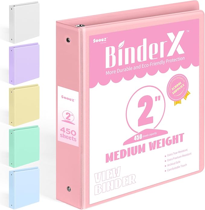 BinderX 3 Ring Binder 2 Inch, 2" Clear View Binder, Pink, Letter / A4 Size | Extra Durable, PVC-Free, Customizable, Interior Pockets, 450-Sheet Capacity, Eco-Friendly, Reinforced Hinge, School, Office by Sooez