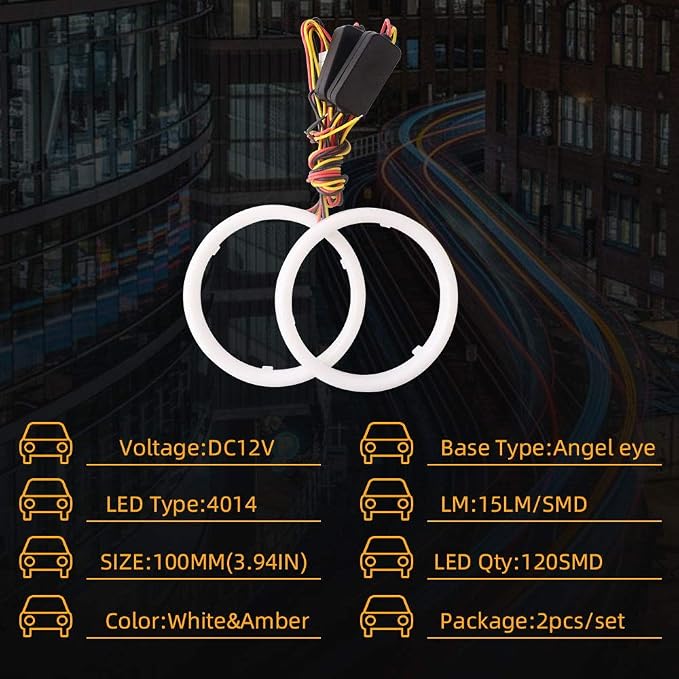 Qasim 1-Pair 100MM White+Amber Switchback 132SMD 4014 LED Halo Ring Angel Eyes DRL Warning Lights 12V - Image 2