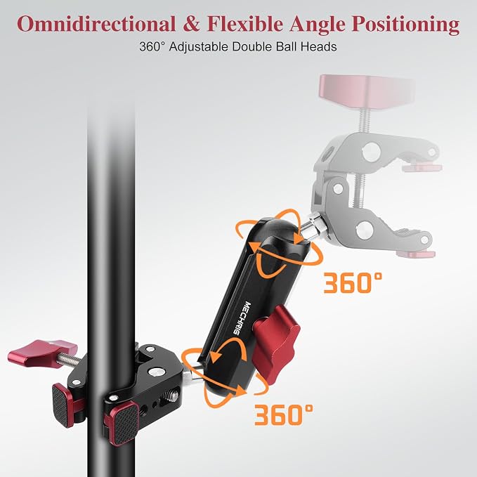 Super Clamp Double Camera Clamp,Dual Clip Mount with Magic Socket Arm - 3/8" & 1/4" Screw, Heavy-Duty Clamps for Desk & Cross Bars& Tripod & Handlebar,All Metal -Max Load Capacity 8.8LB,JC010 - Image 2