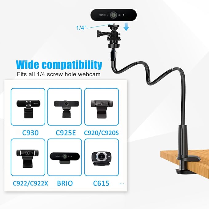 Webcam Stand for Desk, Flexible Gooseneck Webcam Mount Holder Arm with Phone Holder, Web Cam Stand Computer Camera Desk Mount for Logitech C922 C930e C920S C920 C615 C960 C920x BRIO 4K NexiGo N60 - Image 4