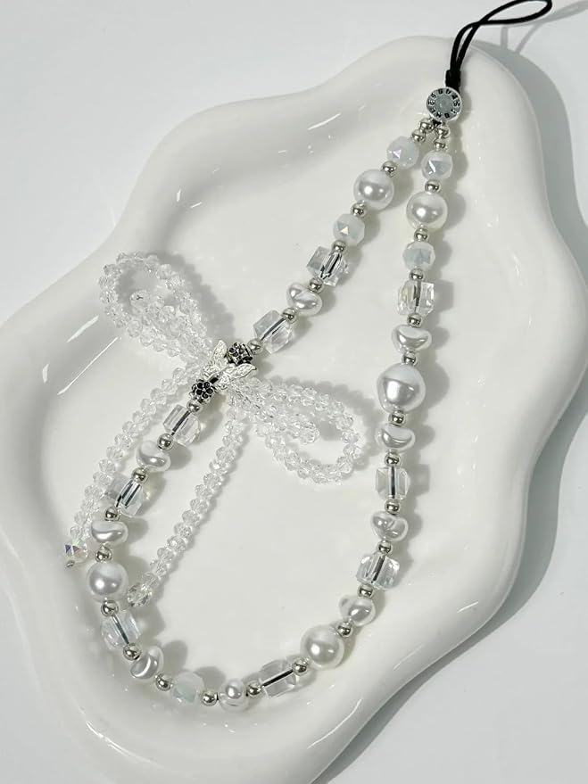 Cell Phone Charm Pearl Beaded Phone Wrist Strap Elegant Aesthetic Handmade Anti-Lost Pearl Chain Bracelet for iPhone Samsung All Smartphones Wristlet Gift for Women Girls Clear Crystal Double Bow Faux - Image 3
