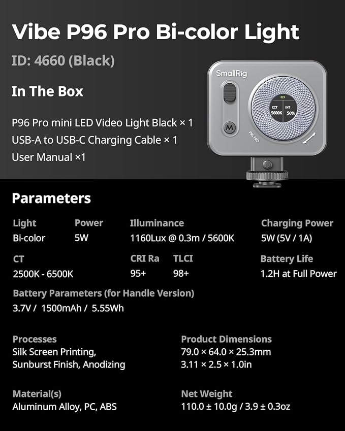 SMALLRIG P96 Pro Mini LED Video Light, Portable Photography Camera Light | Bi-Color 2500-6500K CRI95+, 1500mAh, LCD Screen, 5 Effects, Cold Shoe Fill Light Accessories for Content Creator, Streaming - Image 9