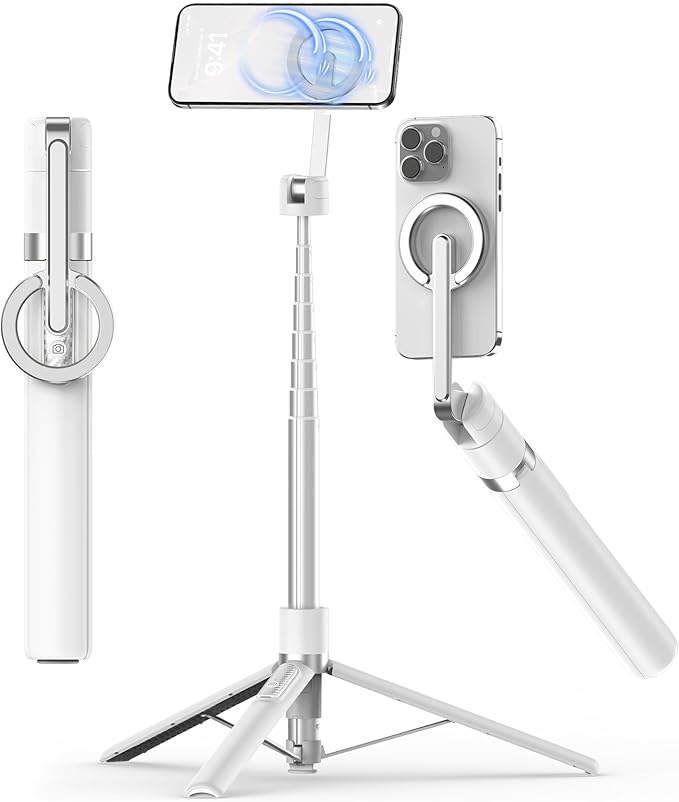 TONEOF 68" Magnetic Aluminum Phone Tripod Selfie Stick for iPhone & Android | Rechargeable Remote,360° Rotatable Foldable Cell Phone Stand Holder with Metal Ring,Travel Tripod for Magsafe (White) by TONEOF