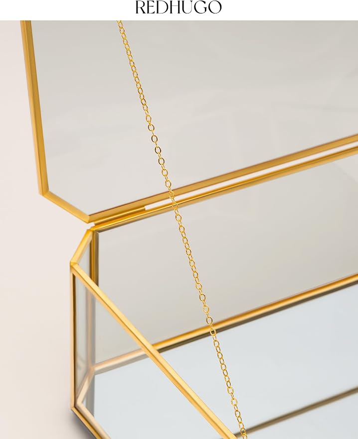 REDHUGO Large Glass Boxes for Display Handmade, Octagon, Gold | Handmade Glass Jewelry Box with Mirrored Bottom and Lid, Ideal for Trinkets, Photos, Keepsakes and Vanity Decor - Image 7