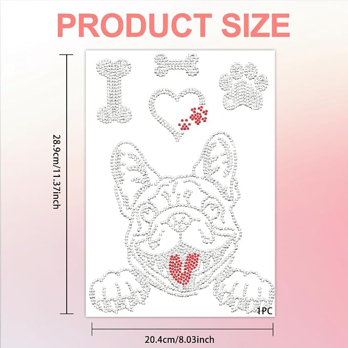 5 Pcs Bulldog Pattern Iron on Rhinestones Transfer, Paw Print Bling Crystal Clothing Repair Applique Heat Transfer Patches for T-Shirt Vest Shoes Hat Jacket Pants Bags Decor - Image 3