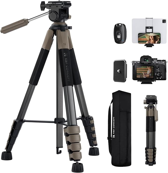 K&F CONCEPT 75" Aluminum Camera Tripod, Lightweight and Compact for Travel | Compatible with Canon Nikon DSLR Camera, Cellphone Clip and Remote Control for Shooting and Video Recording S255A3+BV01 by KFCONCEPT