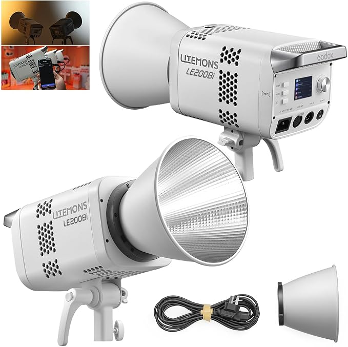 Godox LE200Bi 220W Bi-Color COB LED Video Light with Bowens Mount, 2800K-6500K, CRI/TLCI≥98, 0-100% Dimming, 11 FX Modes, Bluetooth/DMX Control for Studio Streaming | 2800K-6500K,57700 LUX,CRI/TLCI≥98,11 FX,APP Control,for Photography,Live Streaming by GODOX