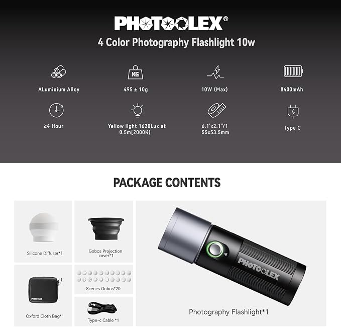 PHOTOOLEX RGB Photography Flashlight with 20 Metal Magnetic Gobos | CRI96+/8400mAh, 4 Colors LED Video Spotlight with Diffuser, Studio Spotlight for Creating an Photo Atmosphere, Content Create - Image 8