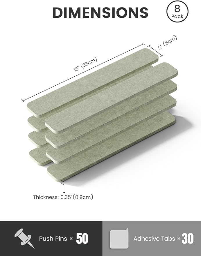 Fluxynara 13" x 2" Felt Wall Panels, Sage | 8-Pack Includes 50 Push Pins and Adhesive Tabs for Photos, Notes and Decor in Bedroom Doors, Home Office or Studios - Image 4