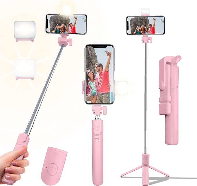 Selfie Stick Tripod, 40in Retractable Phone Tripod with Wireless Remote Control & Light, Portable Selfie Stick Tripod for Photograph, Video Recording, Compatible with All Cellphones (Pink) by ProvideThePerfectChoice