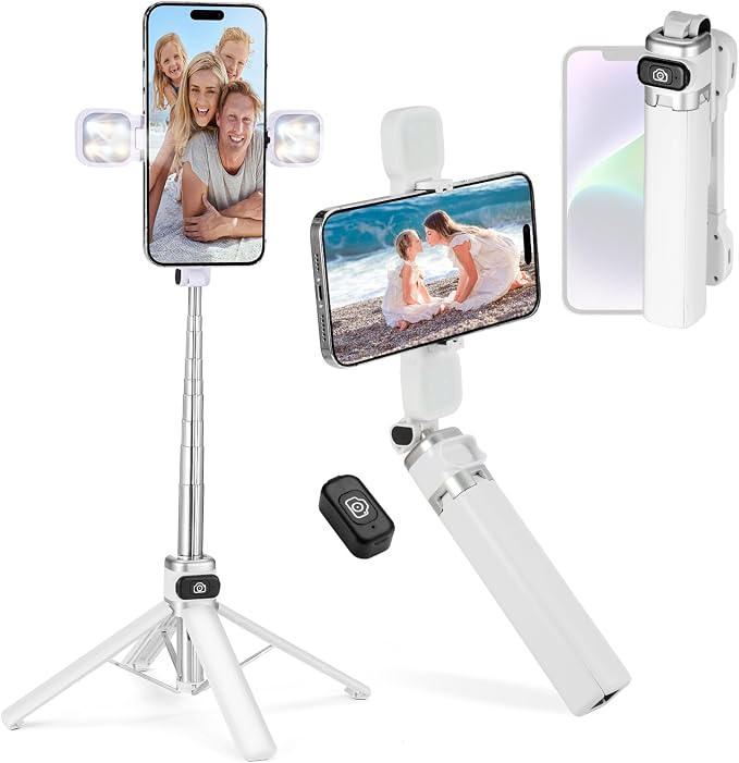 Mini Phone Tripod Stand,MQOUNY 38" Phone Tripod &Selfie Stick with Wireless Rechargeable Remote & Removable Light, Extendable Tripod Stand 360 Rotation Compatible with Phone&Android Samsung (White) by MQOUNY