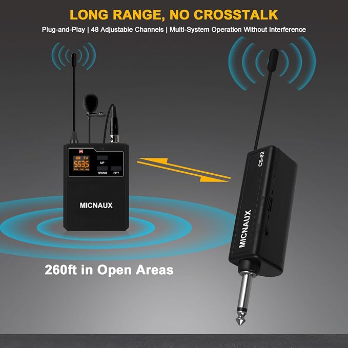 Wireless Lapel Microphone System with Headset & Lavalier Mics, Dual Bodypack Transmitters, Mini Rechargeable Receiver, 48 Channels in 500MHz UHF Band, 260ft Range for Wedding Speech Church - Image 3