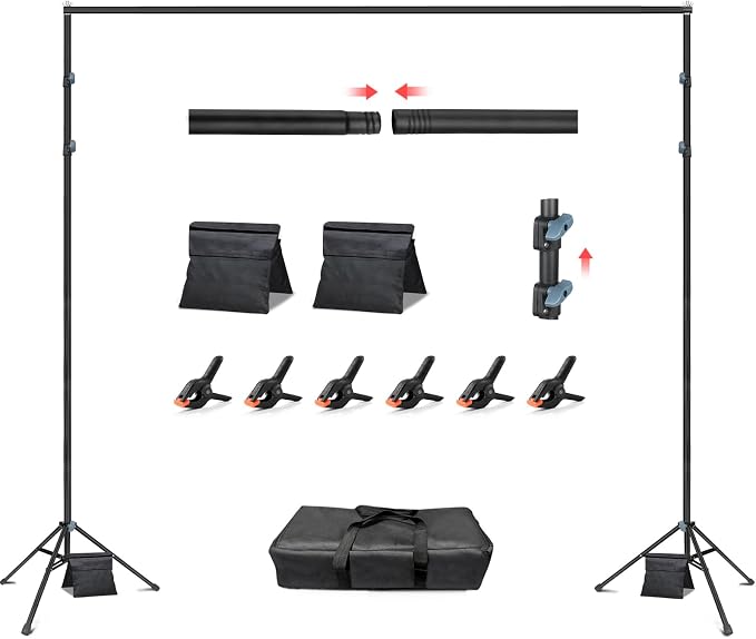 Hemmotop Adjustable Backdrop Stand 10x8.5ft Heavy Duty | With 2 Sandbags, 7 Widths, Assembles to T-Shaped Stand, for Banner, Projector Screen, Balloon, Ideal for Wedding, Birthday by Hemmotop