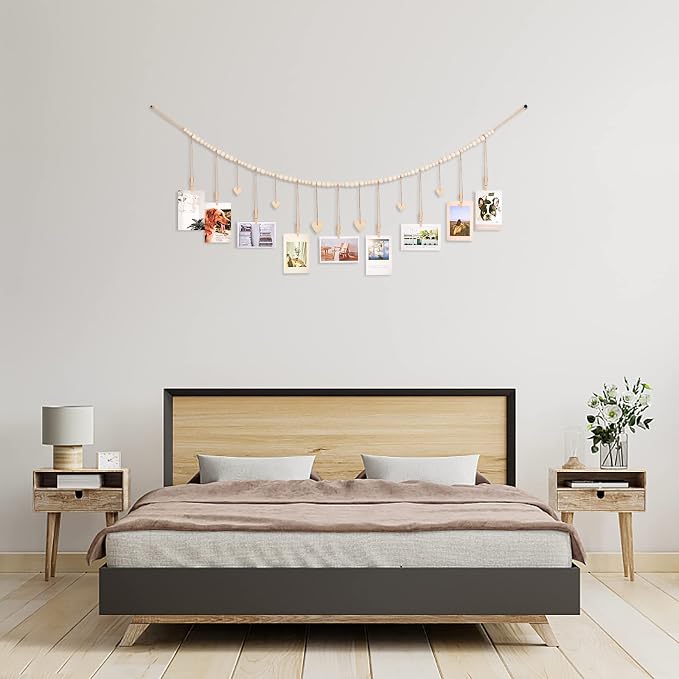 KLOGTSIND Hanging Photo Display with Clips, Wood Bead String Photo Banner | 9 Wooden Clips, Boho Picture Frames Collage Wall Decor, Photo Hanger for Bedroom, Office, Dorm Decor - Image 6