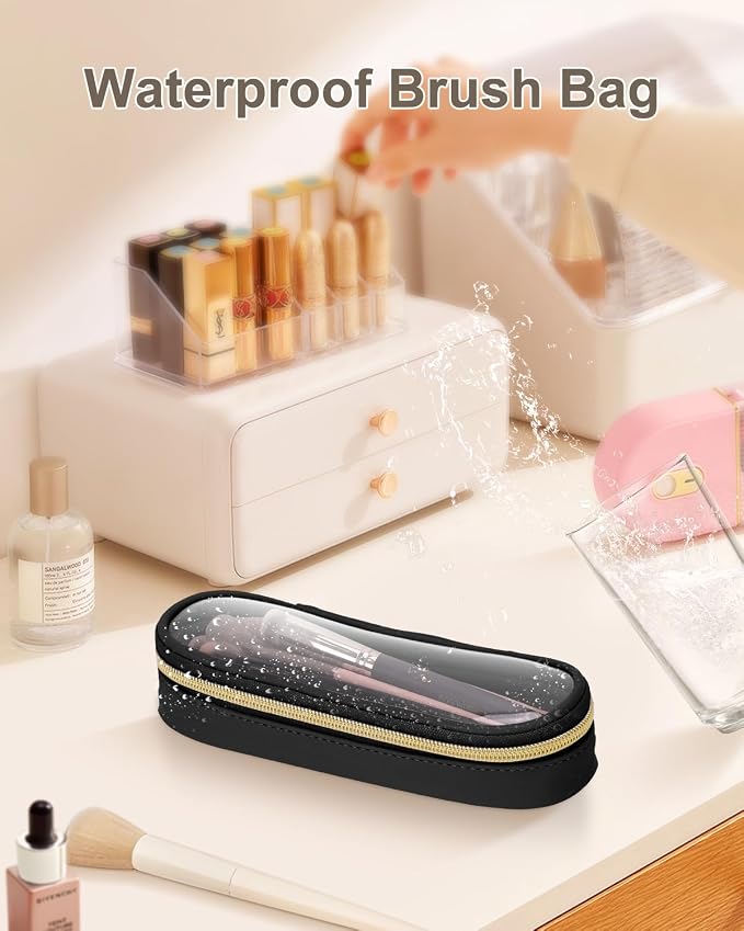 Soimeat Clear Travel Makeup Brush Holder, Leather Makeup Brush Toiletry Bag, Portable Cosmetic Brush Case, Transparent Waterproof Makeup Brush Storage Bag, Black, Large - Image 7