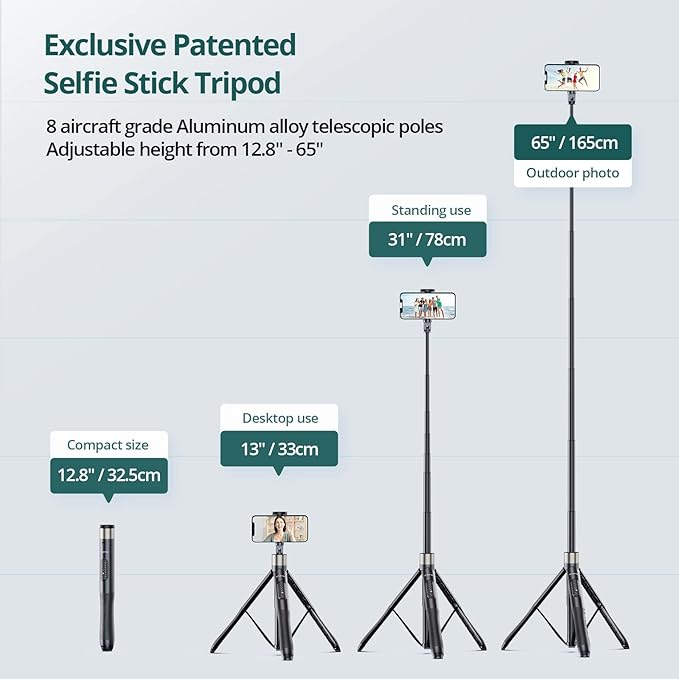 ATUMTEK 65" Selfie Stick Tripod, All in One Extendable Phone Tripod Stand with Bluetooth Remote 360° Rotation for iPhone and Android Phone Selfies, Video Recording, Vlogging, Live Streaming, Black - Image 3