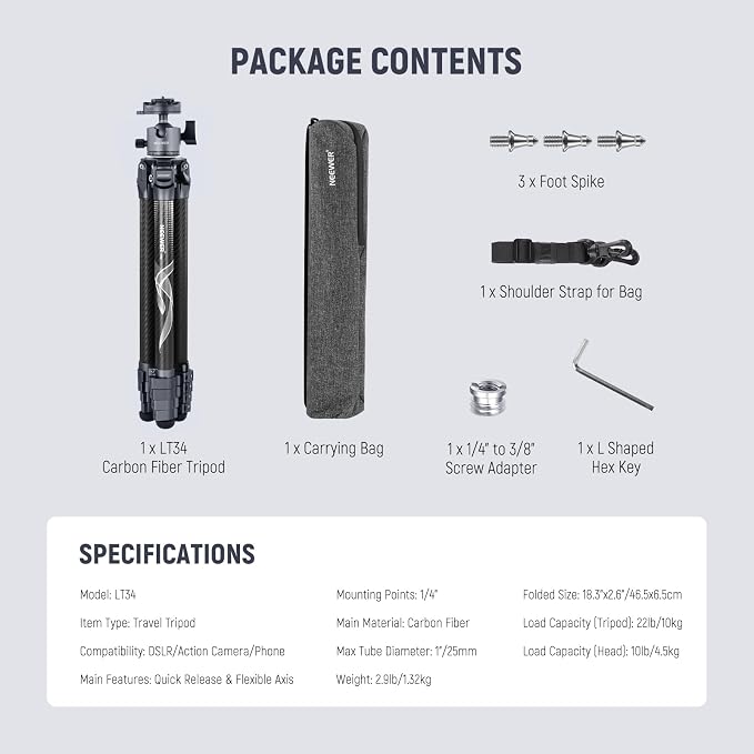 NEEWER LITETRIP LT34 62" Travel Tripod Carbon Fiber with Removable 360° Panorama Head, Center Axis, Fast Flip Buckle, Arca QR Plate Compatible with PD, Max Load 22lb/10kg - Image 8