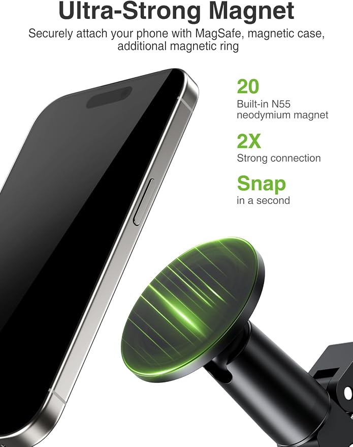 elitehood Magnetic Phone Clamp Mount, Universal Magsafe iPhone Holder Clip | Strong Magnetic, 360 Adjustable, Aluminum Clip On Phone Holder for Mic Stand/Golf Cart/Treadmill/Stroller Fit iPhone 17-12 - Image 2