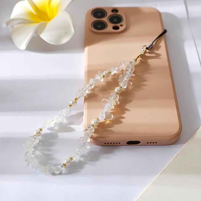 Phone Chain Phone Wrist Strap Natural Gemstone Phone Charms Cell Phone Lanyard Beaded Phone Strap for Women Girls(White) - Image 4