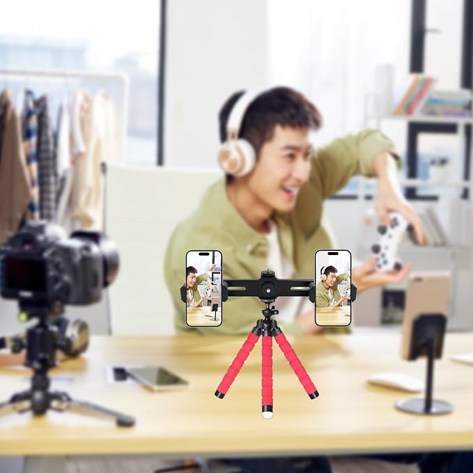 Dual Phone Holder Phone Tripod Mount Adapter, Universal 360° Rotation Adjustable Clip Stand for Vlog Live Streaming Video Recording, Compatible with 1/4'' Screws, Black - Image 6