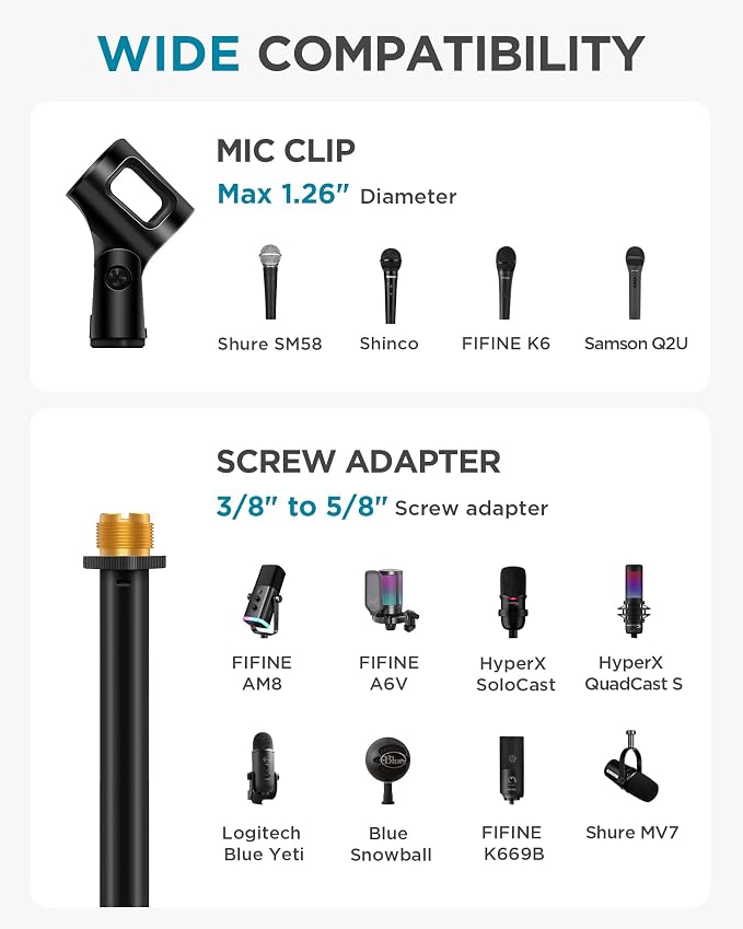 InnoGear Mic Stand Desk Boom Arm Microphone Stand for Blue Yeti Kick Drums | for Shure Fifine Guitar Amps, 4.4lb Weight Capacity, Arm Swivel Sideways, Stable, Extendable, Adjustable, Cable Clip Included - Image 7