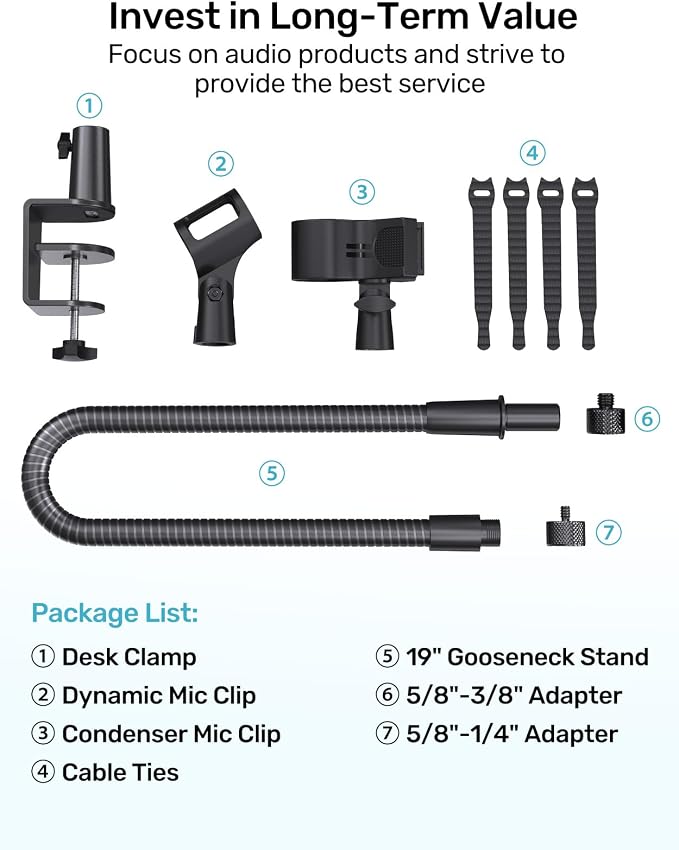 19-in Gooseneck Mic Stand with Desk Clamp, 3/8 & 1/4 Adapters, 360° Swivel | Upgraded Clamp, Heavy Duty & Flexible Arm for Podium, Pulpit, Lecture, Podcast, Sturdy Clamp, Universal Fit for Most Mics - Image 9