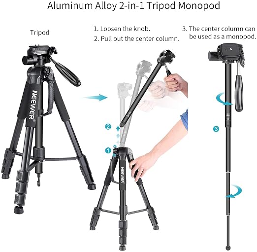 NEEWER Portable Aluminum Alloy Camera 2 in 1 Tripod Monopod Max. 70"/177cm with 3 Way Swivel Pan Head and Carrying Bag for DSLR, DV Video Camcorder (SAB264, Black) - Image 2