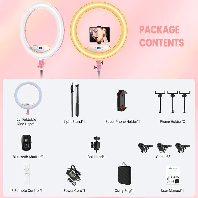 22" Foldable Ring Light with Stand for iPhone ipad, 75" Tripod with Wheels 50W 6500K LED Display/2 USB Ports Large Ringlight Rolling, Tattoo Barber Makeup Studio Video Photography Lighting(Pink) - Image 8