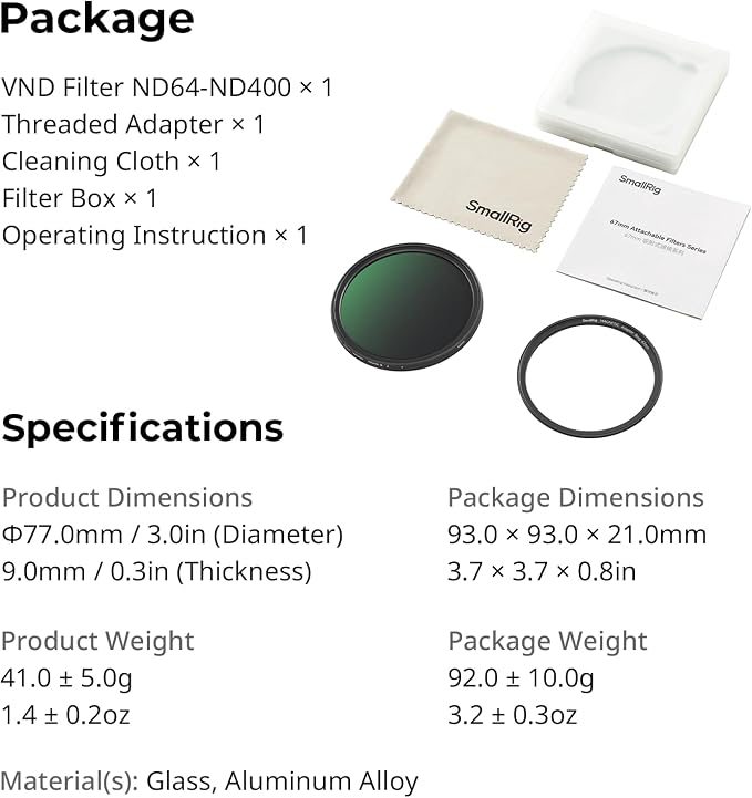 SmallRig Magnetic 67mm VND Filter ND64-ND400 (6-9 Stop), Adjustable ND Filter for iPhone 16 / S24 Ultra/for Vivo X100 & 67mm Camera Lenses, No X Cross HD Optical Glass, with Threaded Adapter - 5169 - Image 8