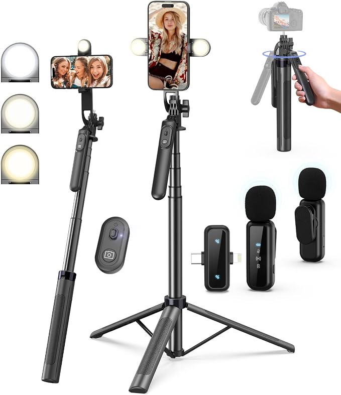 Yeaki Vlogging Kit for iPhone/Android, 71" Selfie Stick Tripod for iPhone with Light, Wireless Remote & Microphone, Adjustable Phone Tripod for TikTok/YouTube Starter Content Creator Essentials Kit by YEAKI
