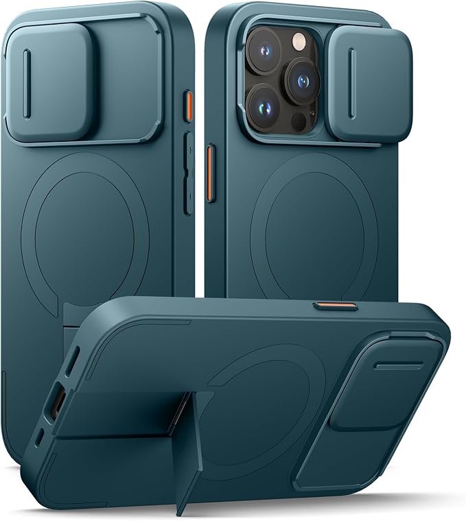SURITCH for iPhone 15 Pro Case with Magnetic Camera Slide Cover and Adjustable Kickstand, Compatible with MagSafe, Shockproof Bumper Case Slim Protective Cover 6.1 Inch, Lake Green by SURITCH